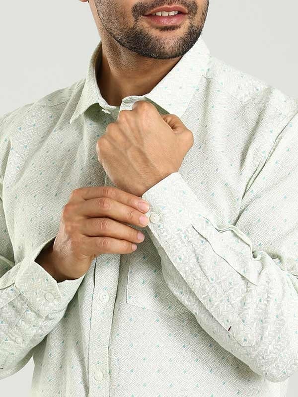 Indian Terrain Men's Regular Fit Full Sleeve All Over Print Green Shirt